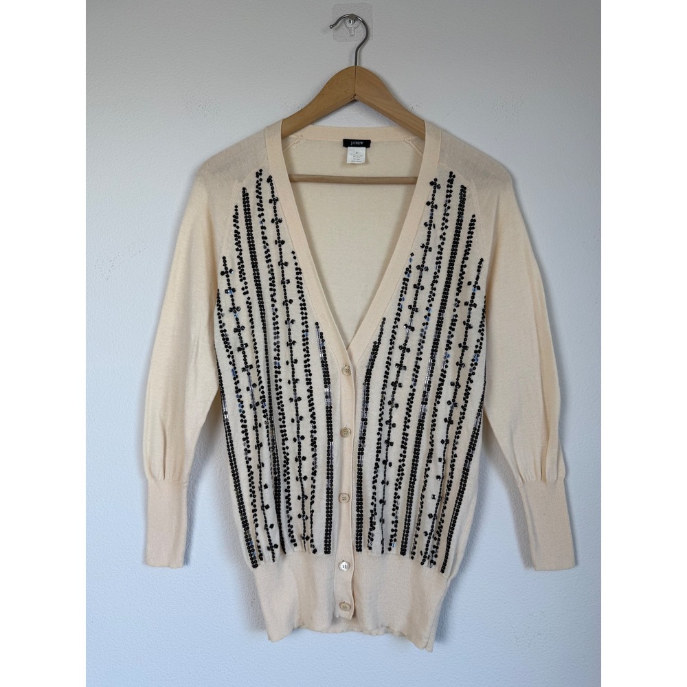 J. Crew Women Pima Cotton Wool Cardigan Cascading Sequin M Cream Old Money